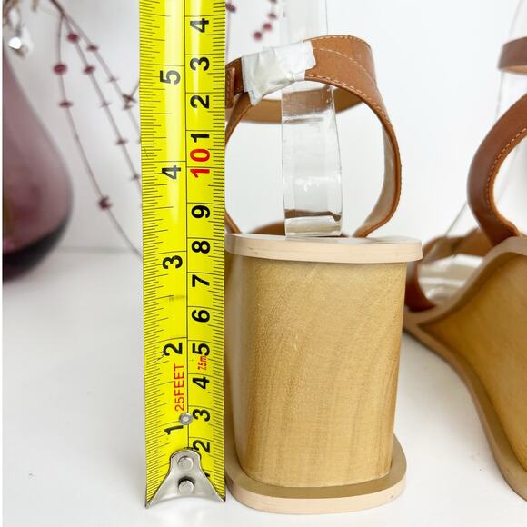 Lord & Taylor NWB Brown Leather Ankle Strap Wooden Wedge Heel Sandals Size 8 M - Picture 6 of 12